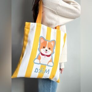 🐶💛Cute Corgi Striped Canvas Tote Bag with Bright Yellow Straps 🐶🌼